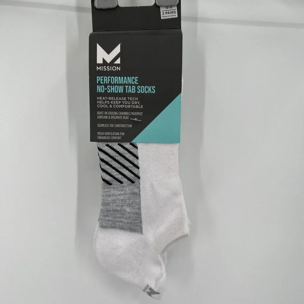 Mission White Performance No-Show Tab Socks sz L Mens 8-12/Womens 10-13 2 Pairs